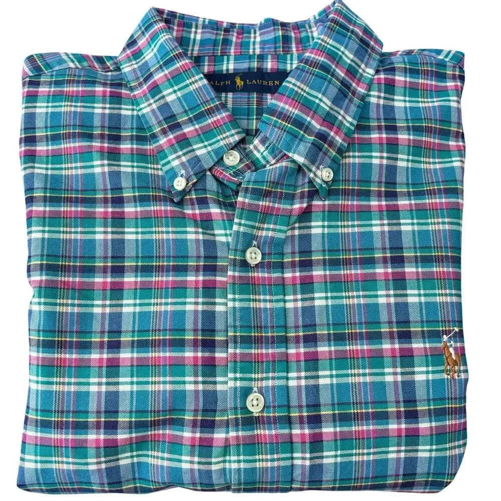 Polo Ralph Lauren Oxford Plaid Button Down Shirt XXL Blue Aqua Pink Brown Pony